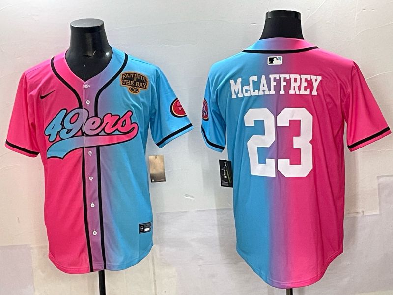 Men 2025 San Francisco 49ers 23 Mccaffrey Blue pink Nike Limited NFL Jersey style 06